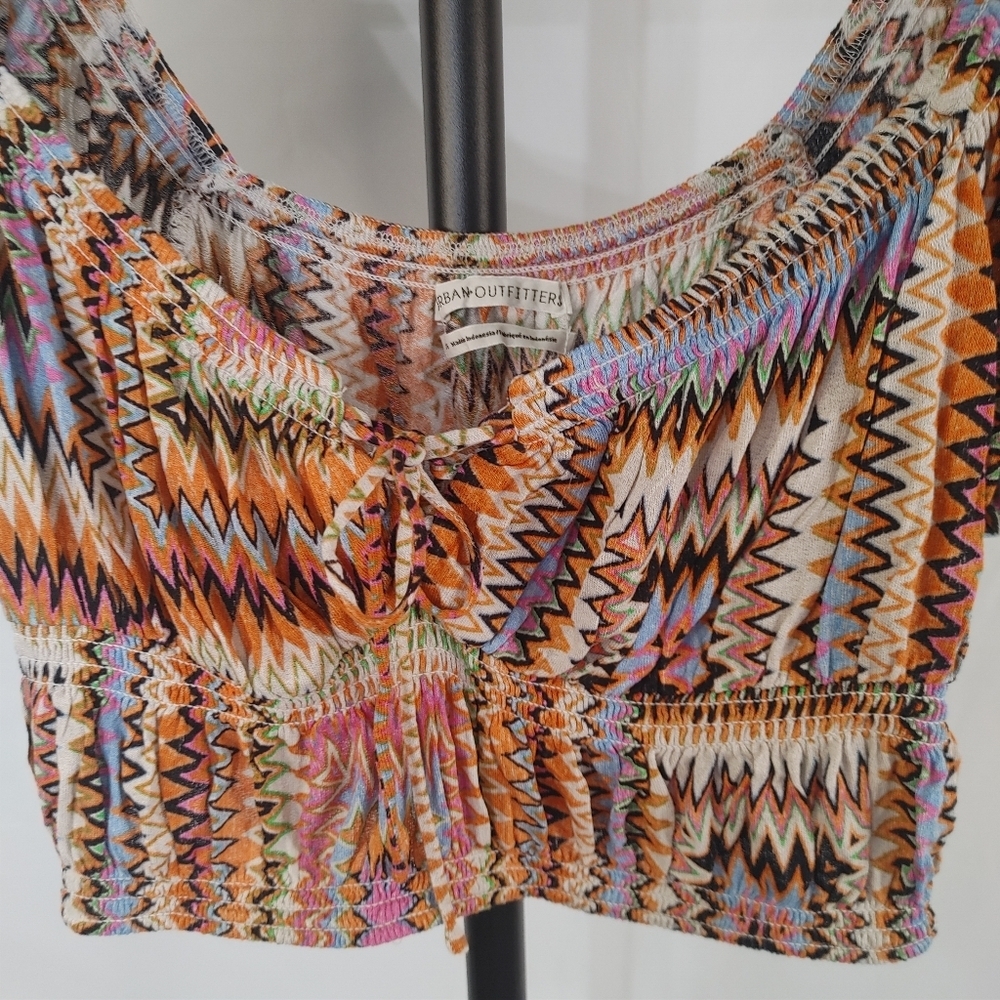 Urban Outfitters Boho Puff Sleeve Crop Top Tie Front Zig Zag Festival Women L - Picture 4 of 11